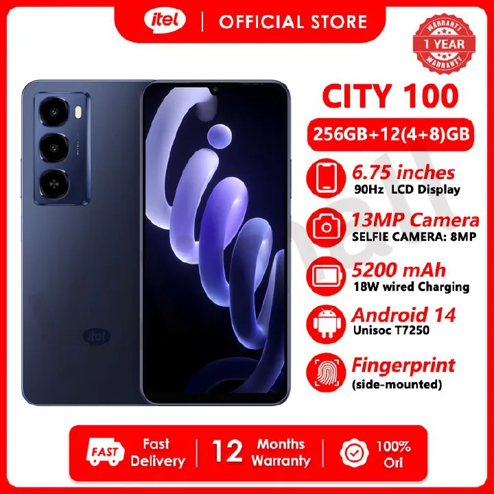 [SUPER DEALS!!!] Itel CITY 100 256GB ROM Storage + 12(4+8) GB RAM 6.75" 90HZ Display Slim Phone Dual SIM 4G Network 13MP Camera Fingerprint Unlock 18W 5200mAh Battery Android 14