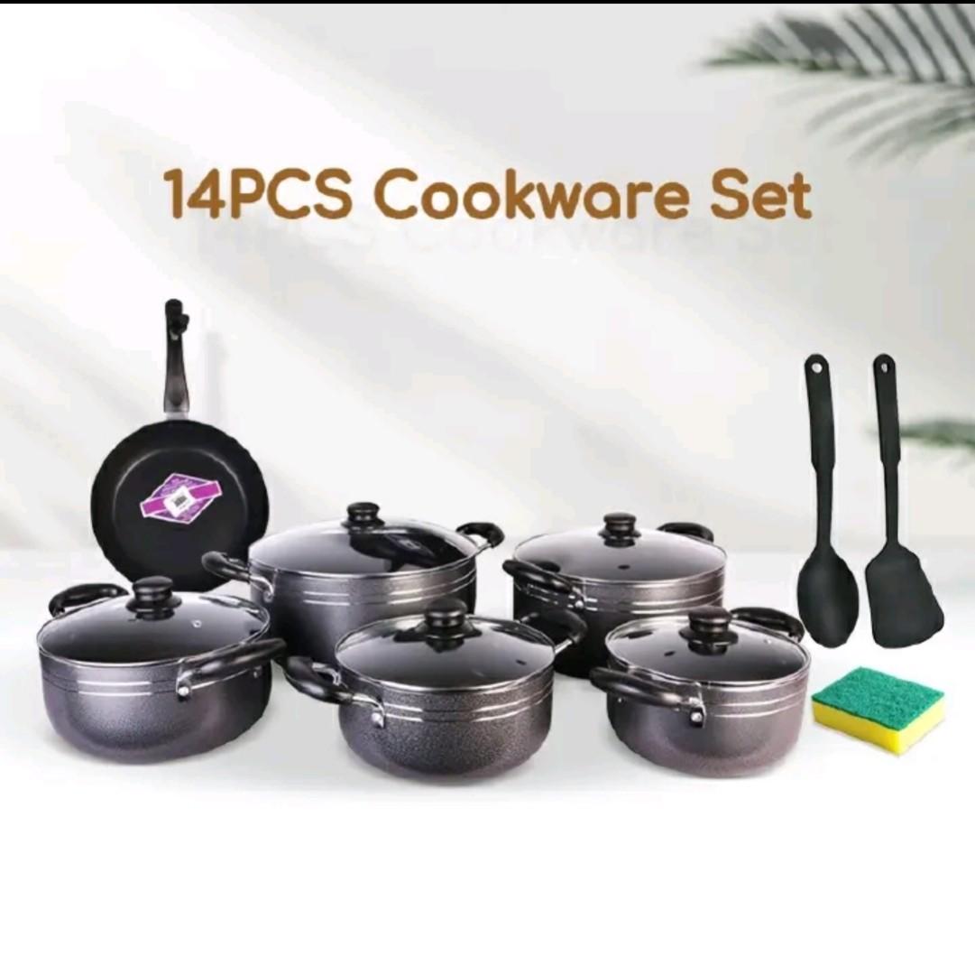NonStick Cooking Sufuria  [ Special OFFER 🎉 ] ] TC 14Pcs Heavy Non Stick Cooking Pot Sufuria Set.1x pan 2x silicone serving spoons 5 x cooking pots 5x lids 1x washing pad. Nonstick