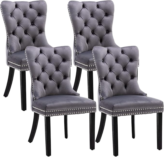 Velvet Dining Chairs Set of 4, Tufted Dining Room Chairs with Nailhead Ring Pull Trim, Upholstered Dining Chairs with Solid Wood Legs for Kitchen Dining Room