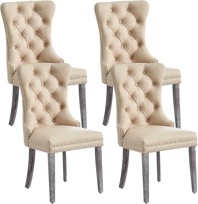 Velvet Dining Chairs Set of 4, Tufted Dining Room Chairs with Nailhead Ring Pull Trim, Upholstered Dining Chairs with Solid Wood Legs for Kitchen Dining Room