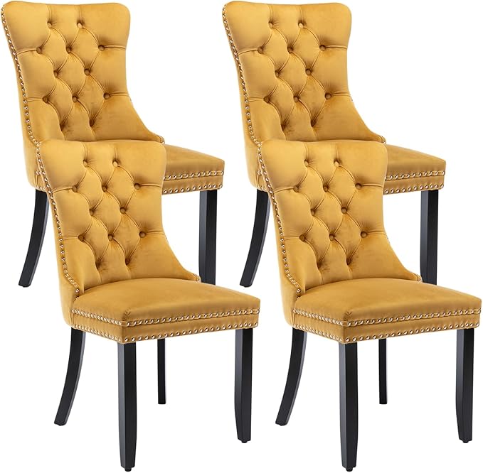Velvet Dining Chairs Set of 4, Tufted Dining Room Chairs with Nailhead Ring Pull Trim, Upholstered Dining Chairs with Solid Wood Legs for Kitchen Dining Room