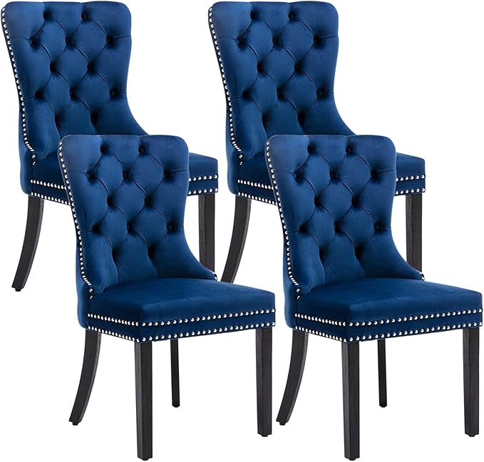 Velvet Dining Chairs Set of 4, Tufted Dining Room Chairs with Nailhead Ring Pull Trim, Upholstered Dining Chairs with Solid Wood Legs for Kitchen Dining Room