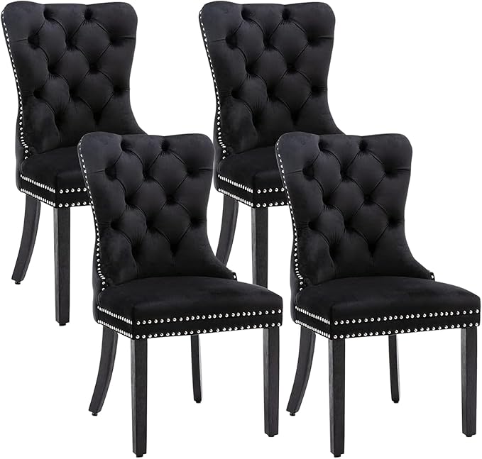 Velvet Dining Chairs Set of 4, Tufted Dining Room Chairs with Nailhead Ring Pull Trim, Upholstered Dining Chairs with Solid Wood Legs for Kitchen Dining Room