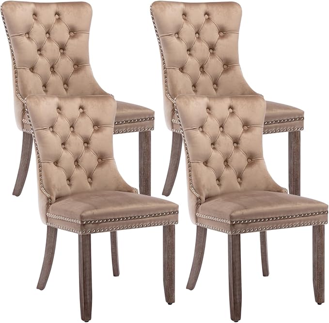Velvet Dining Chairs Set of 4, Tufted Dining Room Chairs with Nailhead Ring Pull Trim, Upholstered Dining Chairs with Solid Wood Legs for Kitchen Dining Room