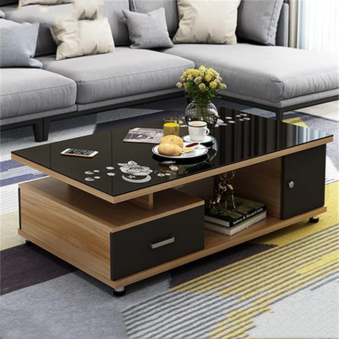 Modern Rectangular Glass Coffee Table with White Wood Base and Storage 2-Tier Coffee Table Accent Center Sofa Table for Living Room