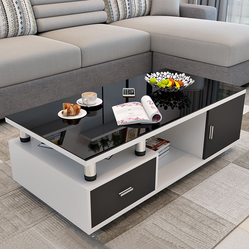 Modern Rectangular Glass Coffee Table with White Wood Base and Storage 2-Tier Coffee Table Accent Center Sofa Table for Living Room