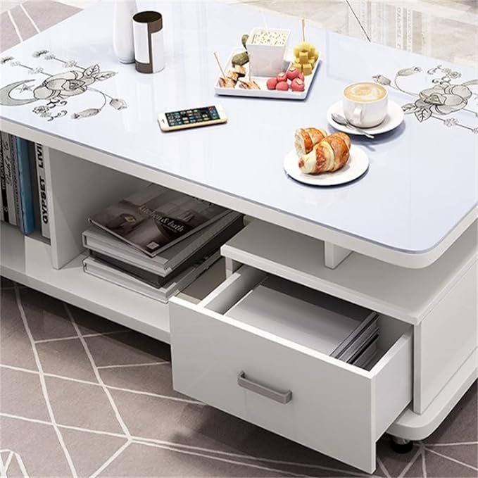 Modern Rectangular Glass Coffee Table with White Wood Base and Storage 2-Tier Coffee Table Accent Center Sofa Table for Living Room