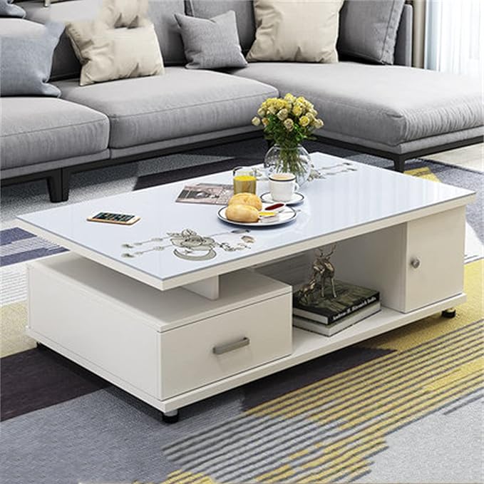 Modern Rectangular Glass Coffee Table with White Wood Base and Storage 2-Tier Coffee Table Accent Center Sofa Table for Living Room