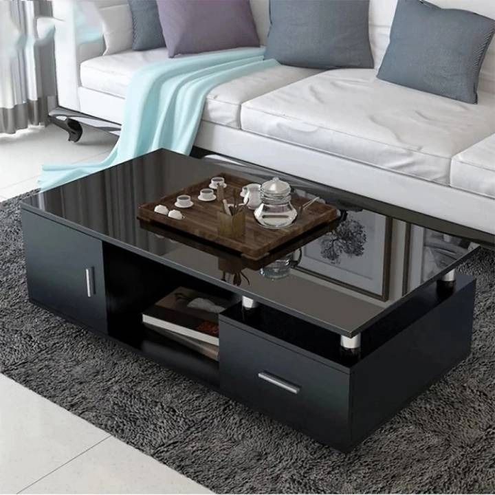 Modern Rectangular Glass Coffee Table with White Wood Base and Storage 2-Tier Coffee Table Accent Center Sofa Table for Living Room
