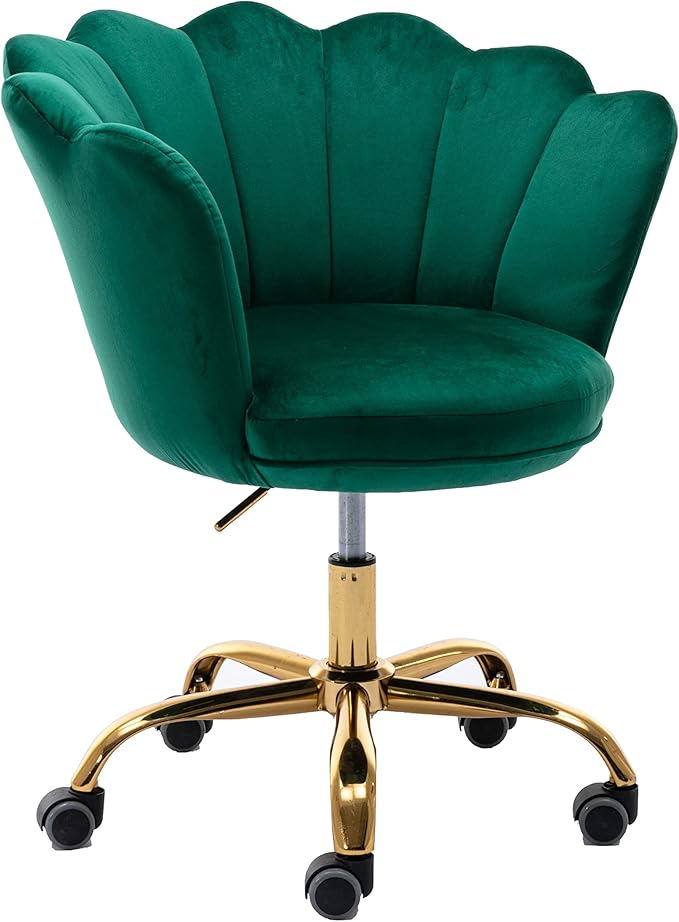 Comfy Home Office Task Chair with Wheels, Cute Modern Upholstered Velvet Seashell Back Adjustable Swivel Vanity Desk Chair, for Women, for Girls, Living Room, Bedroom