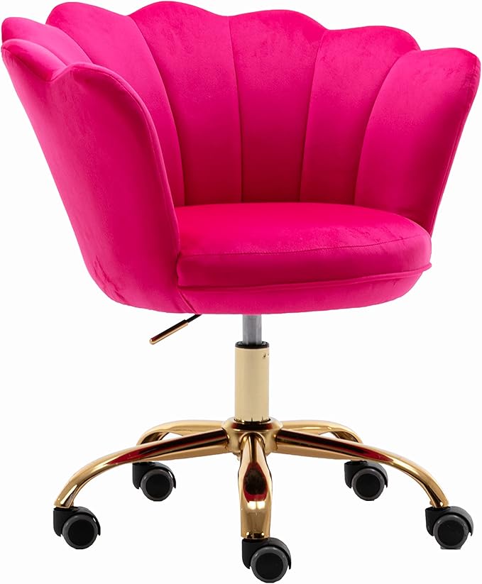 Comfy Home Office Task Chair with Wheels, Cute Modern Upholstered Velvet Seashell Back Adjustable Swivel Vanity Desk Chair, for Women, for Girls, Living Room, Bedroom