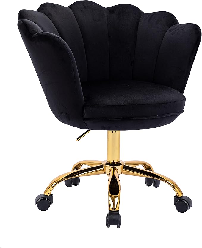 Comfy Home Office Task Chair with Wheels, Cute Modern Upholstered Velvet Seashell Back Adjustable Swivel Vanity Desk Chair, for Women, for Girls, Living Room, Bedroom
