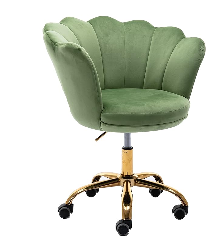Comfy Home Office Task Chair with Wheels, Cute Modern Upholstered Velvet Seashell Back Adjustable Swivel Vanity Desk Chair, for Women, for Girls, Living Room, Bedroom