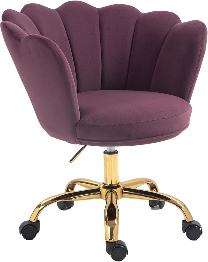 Comfy Home Office Task Chair with Wheels, Cute Modern Upholstered Velvet Seashell Back Adjustable Swivel Vanity Desk Chair, for Women, for Girls, Living Room, Bedroom