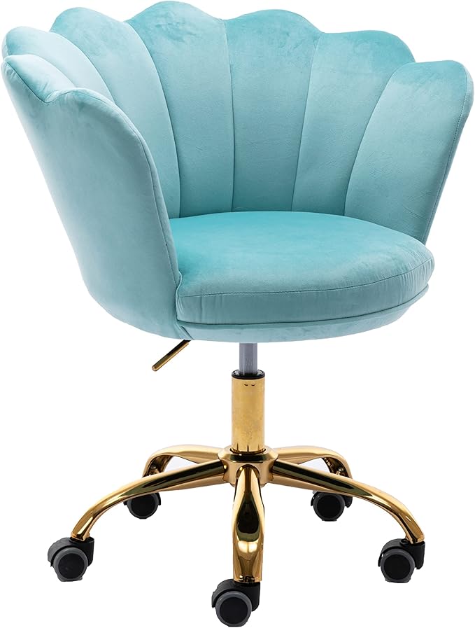 Comfy Home Office Task Chair with Wheels, Cute Modern Upholstered Velvet Seashell Back Adjustable Swivel Vanity Desk Chair, for Women, for Girls, Living Room, Bedroom