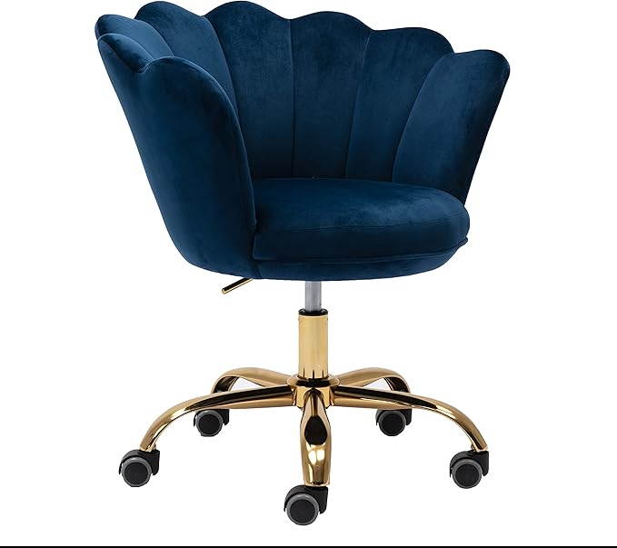Comfy Home Office Task Chair with Wheels, Cute Modern Upholstered Velvet Seashell Back Adjustable Swivel Vanity Desk Chair, for Women, for Girls, Living Room, Bedroom