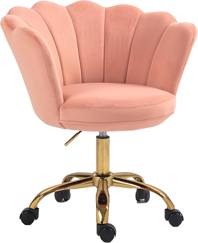 Comfy Home Office Task Chair with Wheels, Cute Modern Upholstered Velvet Seashell Back Adjustable Swivel Vanity Desk Chair, for Women, for Girls, Living Room, Bedroom