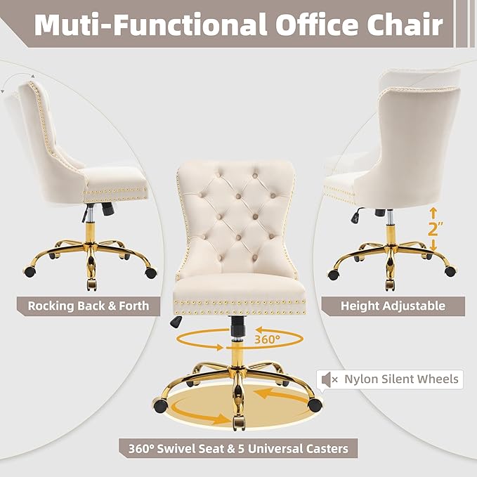Home Office Desk Chair, Height Adjustable Vanity Chair withTufted Back, Swivel Comfy Seat, Luxury Rivet Trim, Golden Base for Bedroom Living Room