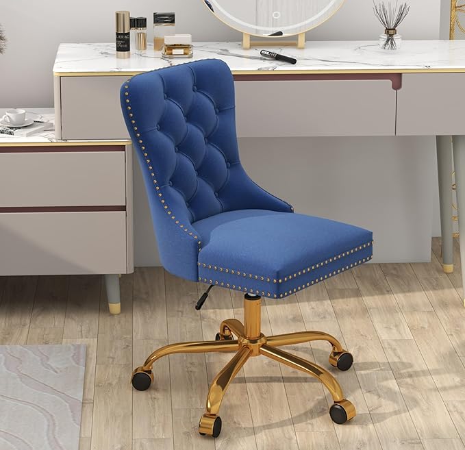 Velvet Armless Home Office Desk Chair, Swivel Height-Adjustable Small Cute Vanity Chair for Women/Girls, Comfy Makeup Chair with Rivet and Gold Base for Living Room, Bedroom
