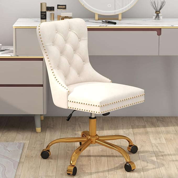 Home Office Desk Chair, Height Adjustable Vanity Chair withTufted Back, Swivel Comfy Seat, Luxury Rivet Trim, Golden Base for Bedroom Living Room
