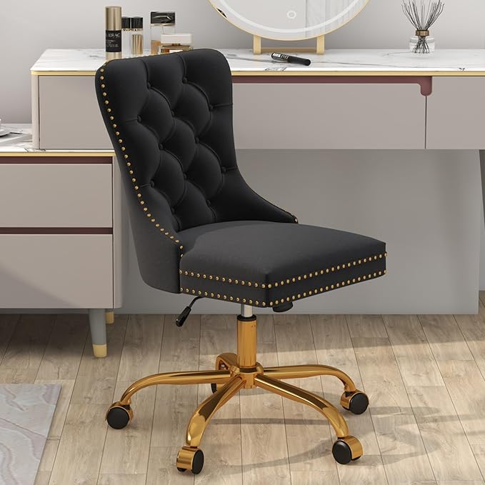 Home Office Desk Chair, Height Adjustable Vanity Chair withTufted Back, Swivel Comfy Seat, Luxury Rivet Trim, Golden Base for Bedroom Living Room