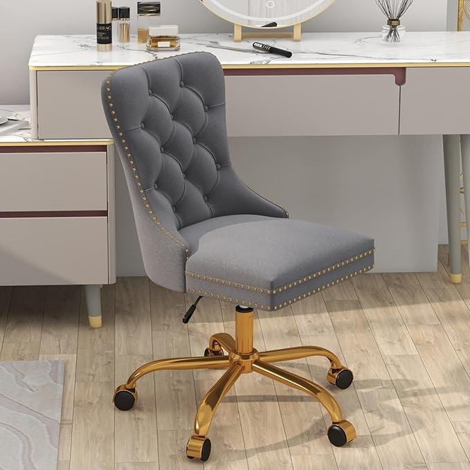 Home Office Desk Chair, Height Adjustable Vanity Chair withTufted Back, Swivel Comfy Seat, Luxury Rivet Trim, Golden Base for Bedroom Living Room