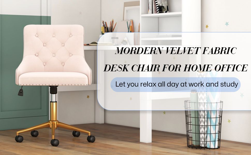 Velvet Armless Home Office Desk Chair, Swivel Height-Adjustable Small Cute Vanity Chair for Women/Girls, Comfy Makeup Chair with Rivet and Gold Base for Living Room, Bedroom