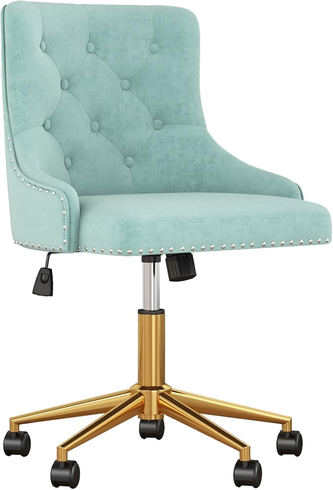 Velvet Armless Home Office Desk Chair, Swivel Height-Adjustable Small Cute Vanity Chair for Women/Girls, Comfy Makeup Chair with Rivet and Gold Base for Living Room, Bedroom