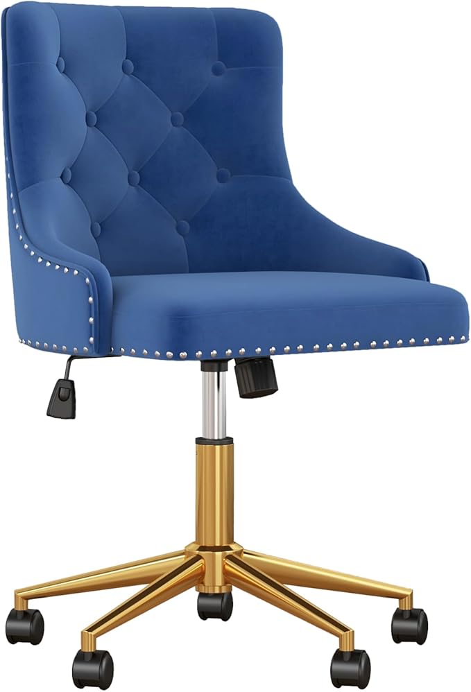 Velvet Armless Home Office Desk Chair, Swivel Height-Adjustable Small Cute Vanity Chair for Women/Girls, Comfy Makeup Chair with Rivet and Gold Base for Living Room, Bedroom
