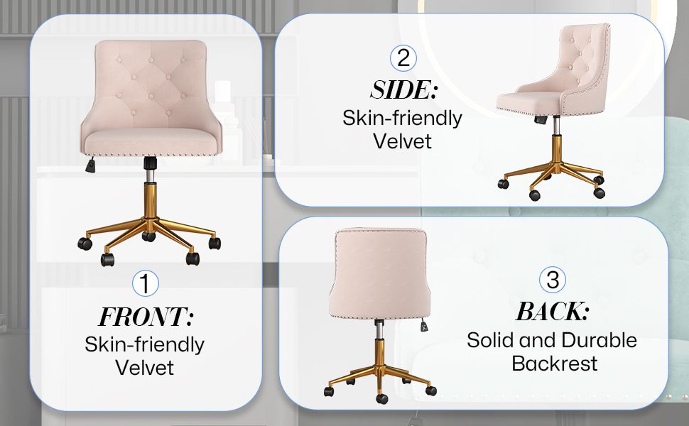 Velvet Armless Home Office Desk Chair, Swivel Height-Adjustable Small Cute Vanity Chair for Women/Girls, Comfy Makeup Chair with Rivet and Gold Base for Living Room, Bedroom
