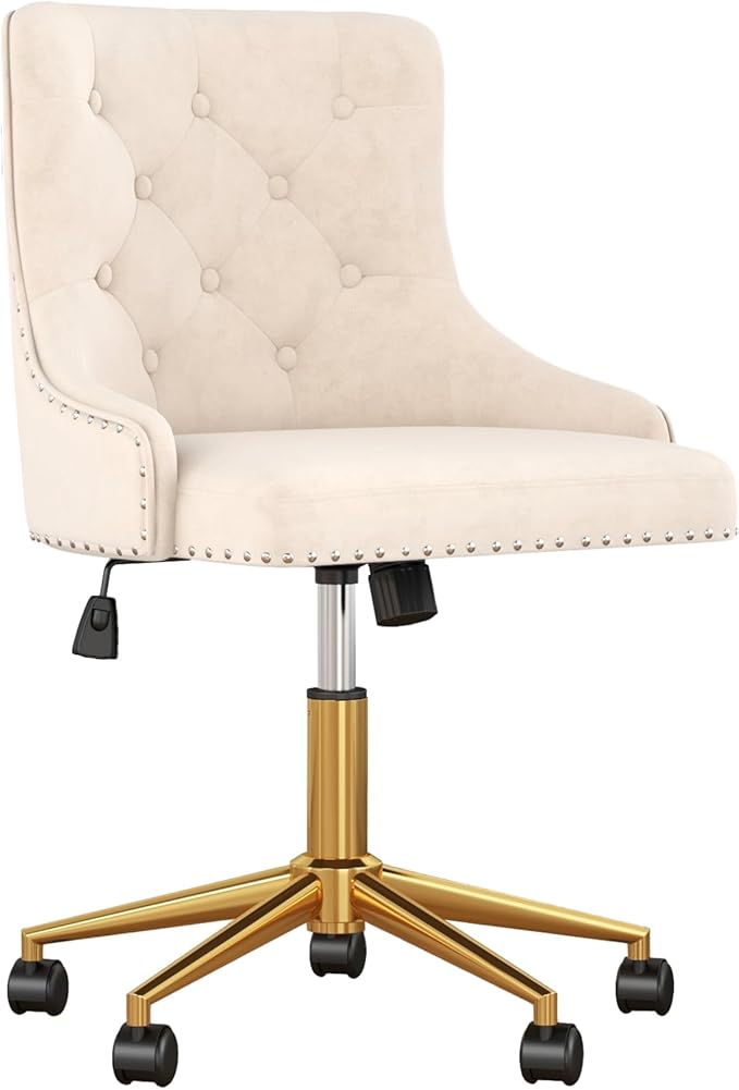 Velvet Armless Home Office Desk Chair, Swivel Height-Adjustable Small Cute Vanity Chair for Women/Girls, Comfy Makeup Chair with Rivet and Gold Base for Living Room, Bedroom