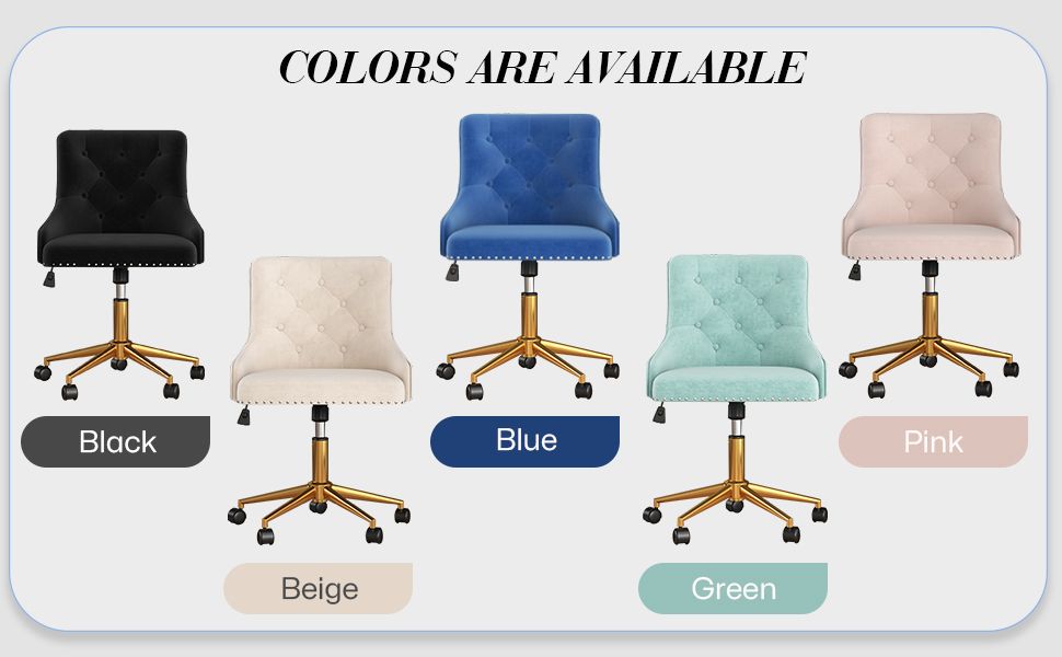Velvet Armless Home Office Desk Chair, Swivel Height-Adjustable Small Cute Vanity Chair for Women/Girls, Comfy Makeup Chair with Rivet and Gold Base for Living Room, Bedroom