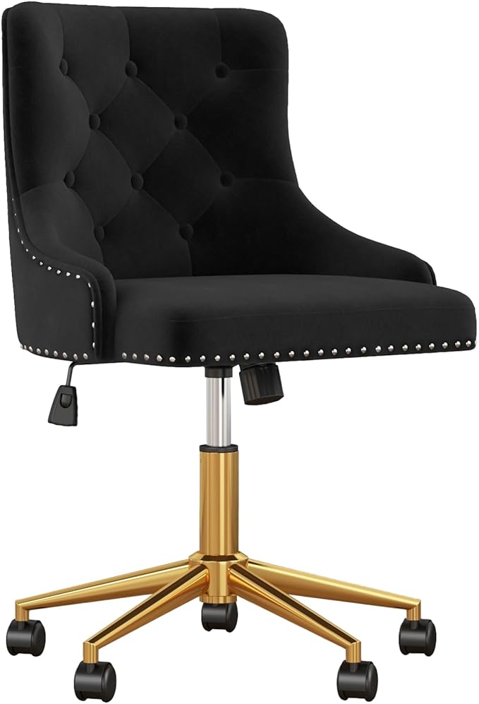 Velvet Armless Home Office Desk Chair, Swivel Height-Adjustable Small Cute Vanity Chair for Women/Girls, Comfy Makeup Chair with Rivet and Gold Base for Living Room, Bedroom