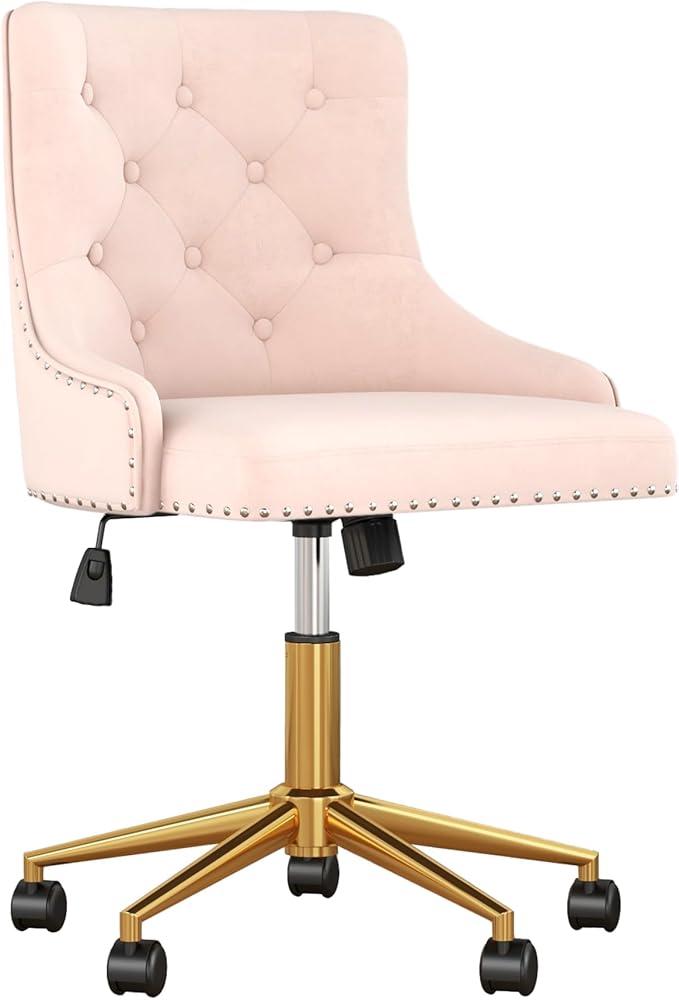 Velvet Armless Home Office Desk Chair, Swivel Height-Adjustable Small Cute Vanity Chair for Women/Girls, Comfy Makeup Chair with Rivet and Gold Base for Living Room, Bedroom