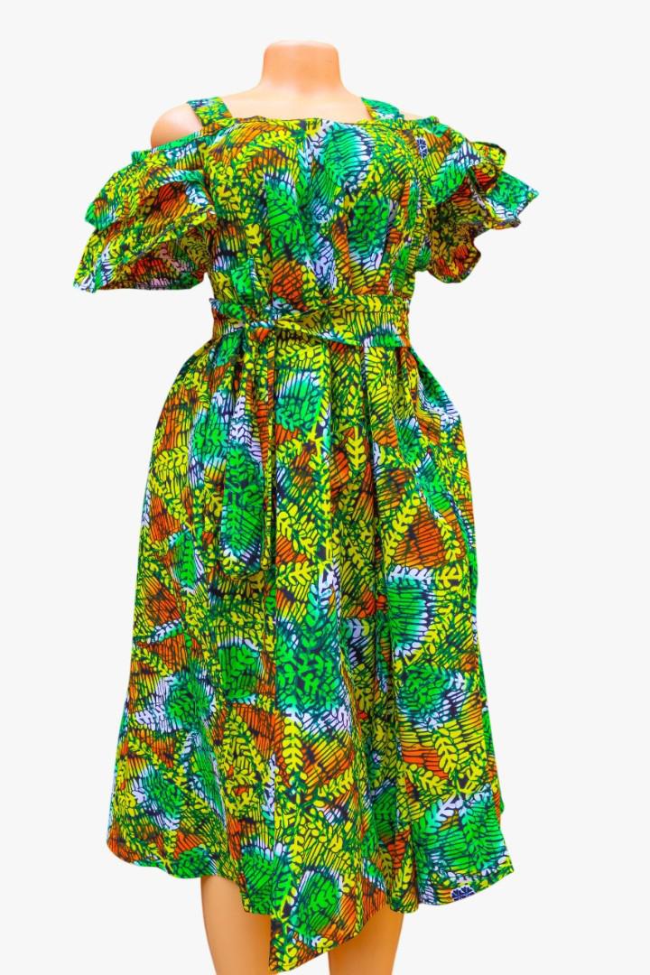Kitenge wear Off-Shoulder African Print Midi Dress – Green/Multicolor