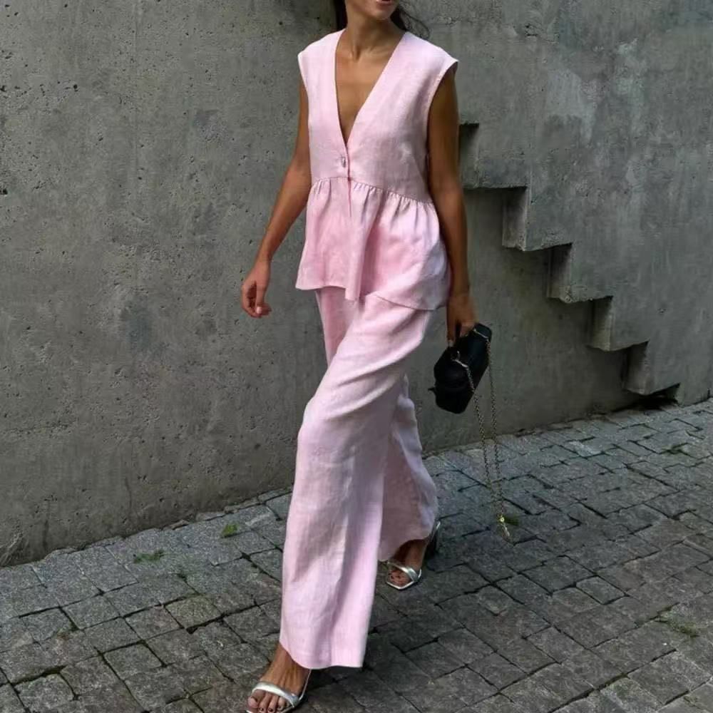 Summer new women's two-piece fashion solid color sleeveless V-neck vest blouse slacks suit is suitable for daily leisure office commuting date.