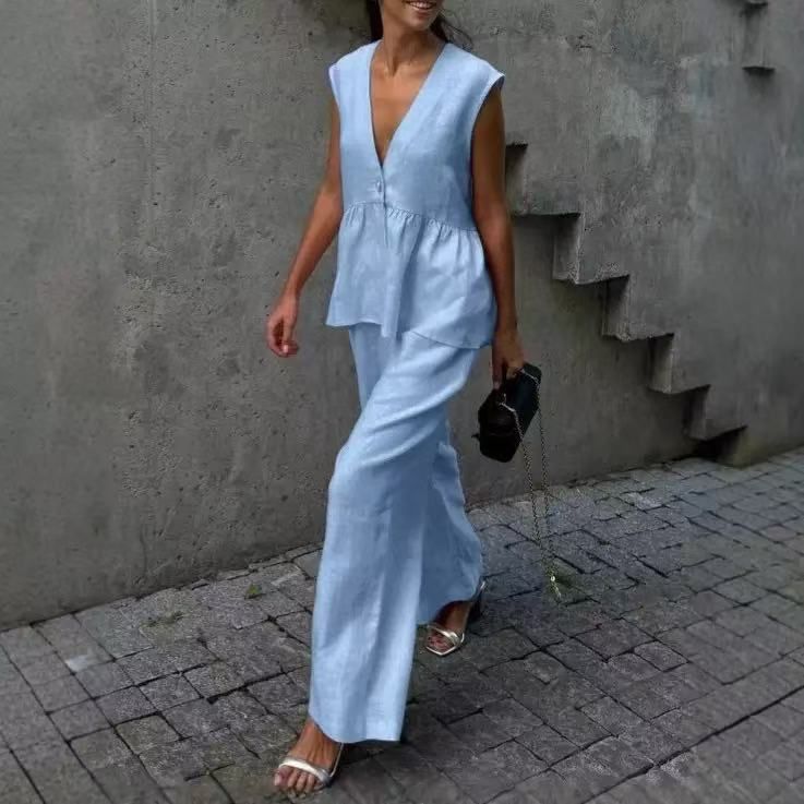 Summer new women's two-piece fashion solid color sleeveless V-neck vest blouse slacks suit is suitable for daily leisure office commuting date.