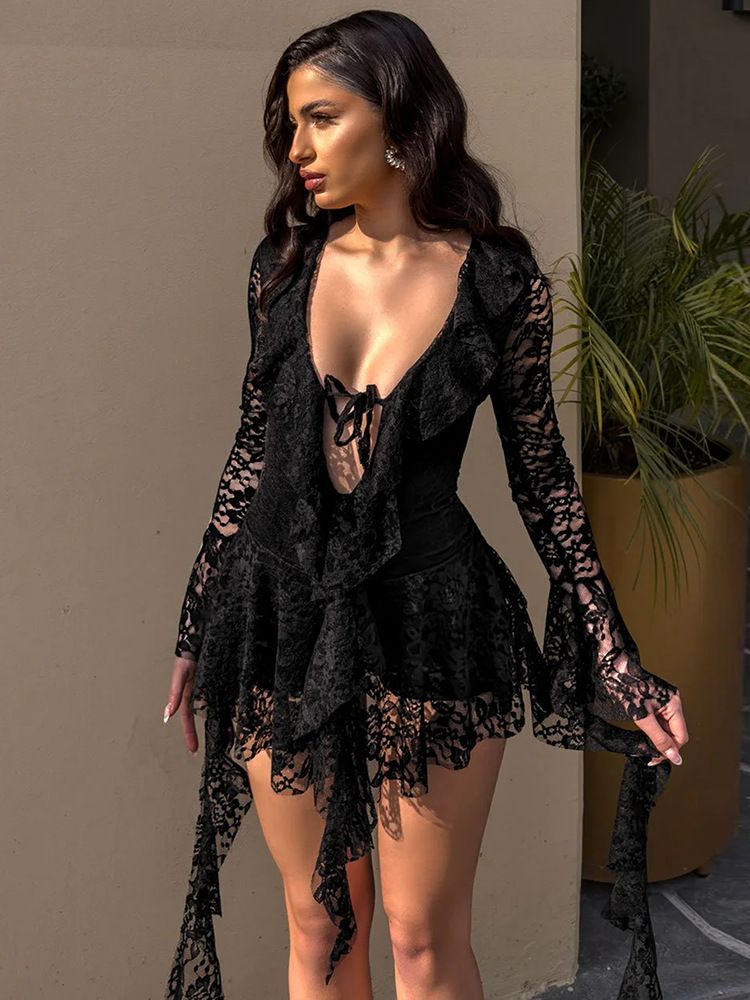 Summer new women's dress fashion solid color long sleeve V-neck lace lotus leaf ribbon short dress suitable for leisure parties and holiday banquets.