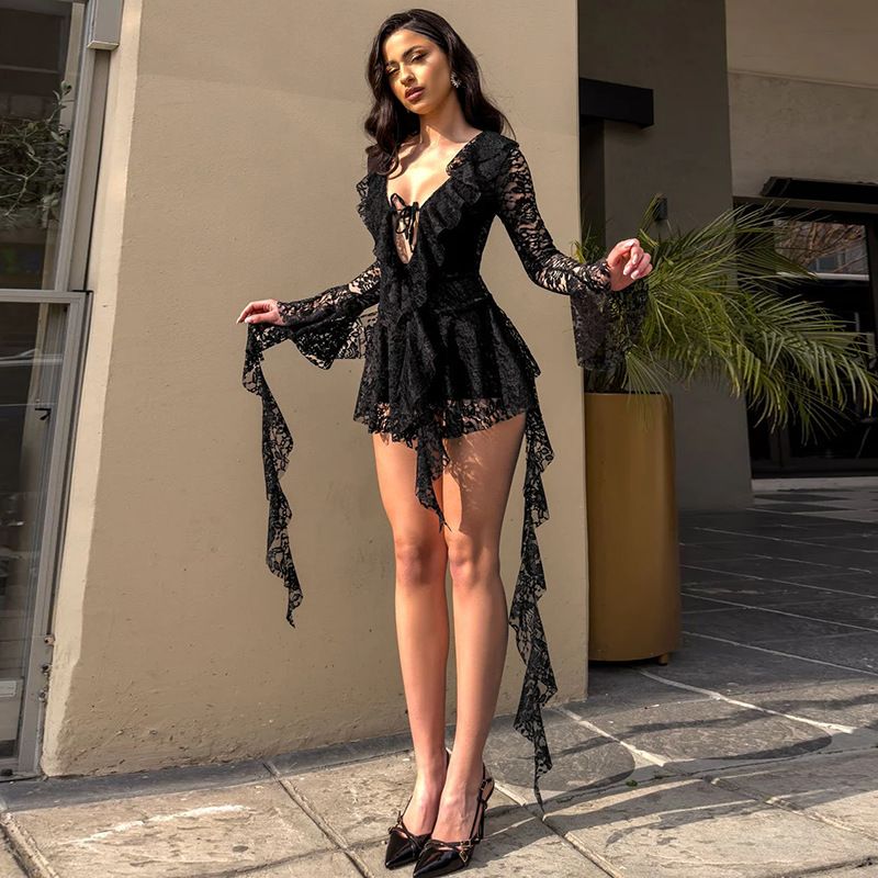 Summer new women's dress fashion solid color long sleeve V-neck lace lotus leaf ribbon short dress suitable for leisure parties and holiday banquets.