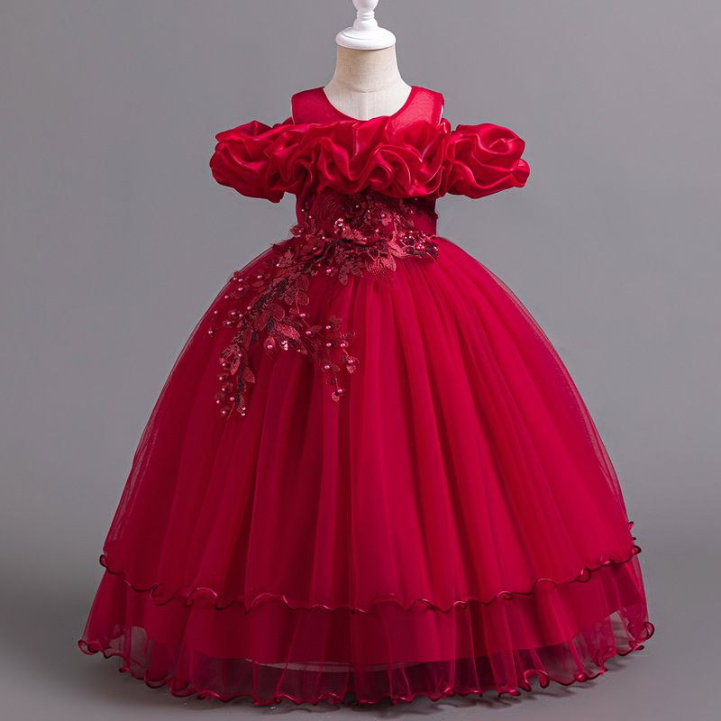 New high-end girls' dresses in summer, solid color round neck, one-shoulder fluffy gauze princess dress, is suitable for birthday party, school Christmas party, banquet dress, performance dress.