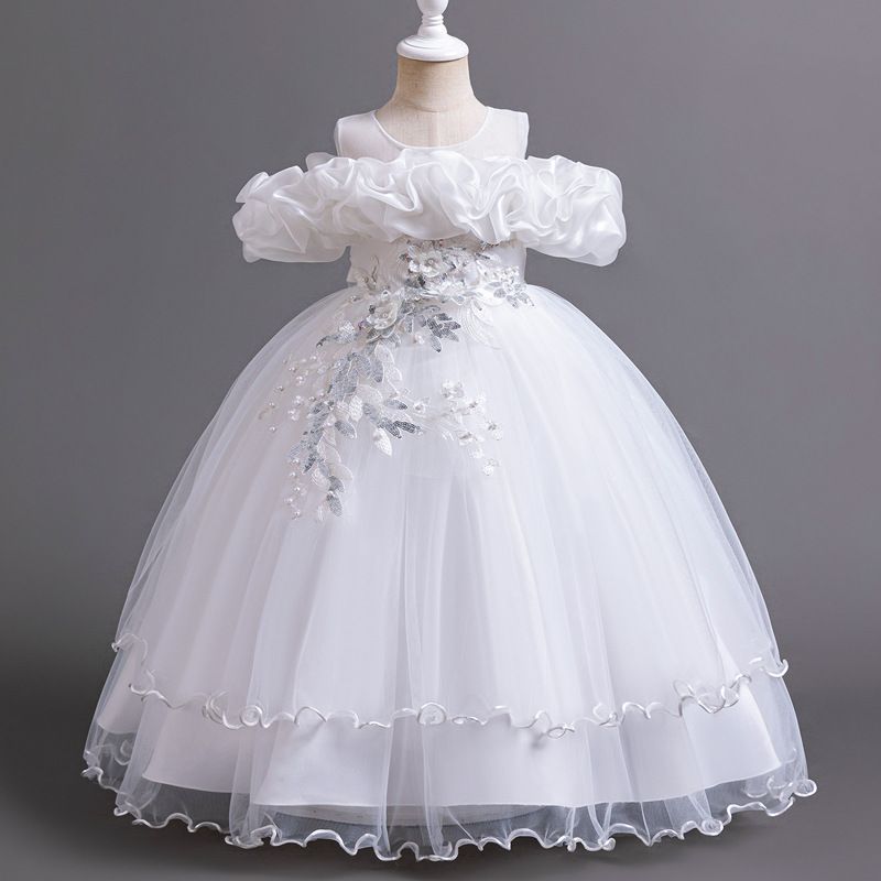 New high-end girls' dresses in summer, solid color round neck, one-shoulder fluffy gauze princess dress, is suitable for birthday party, school Christmas party, banquet dress, performance dress.