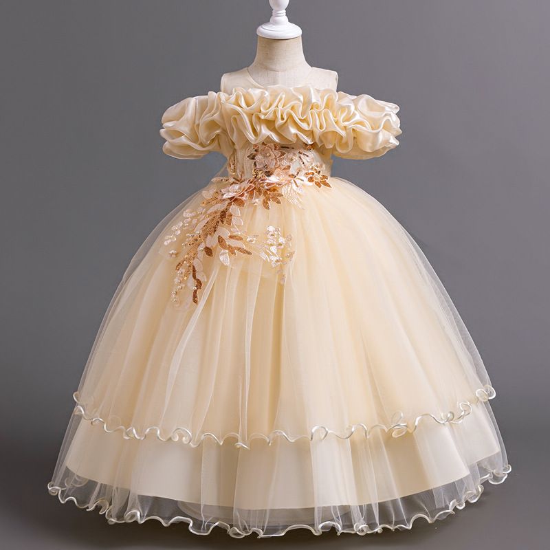 New high-end girls' dresses in summer, solid color round neck, one-shoulder fluffy gauze princess dress, is suitable for birthday party, school Christmas party, banquet dress, performance dress.