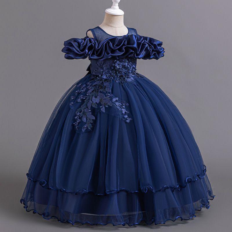 New high-end girls' dresses in summer, solid color round neck, one-shoulder fluffy gauze princess dress, is suitable for birthday party, school Christmas party, banquet dress, performance dress.