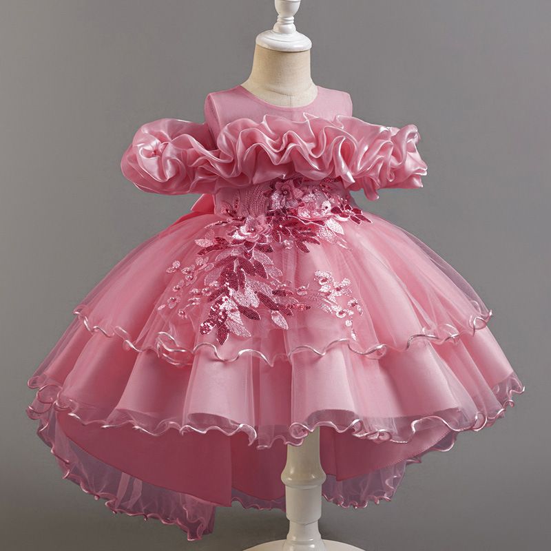 2025 Summer New High-end Girls' Dress One-shoulder Mesh Puffy Skirt Princess Skirt Tail Dress Birthday Party School Christmas Party Wedding Banquet Dress Performance Dress