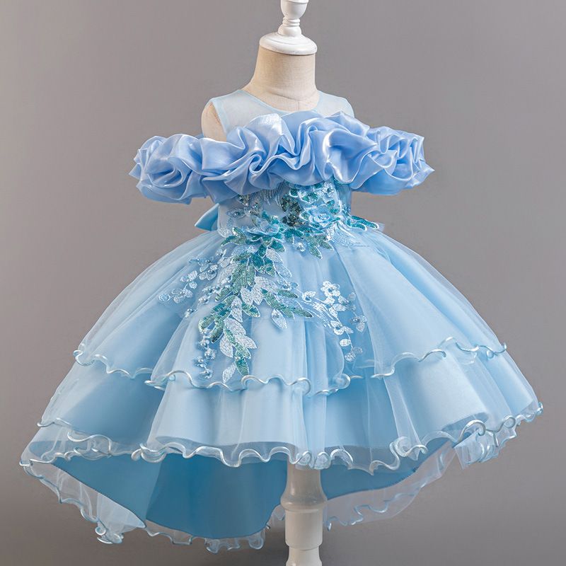 2025 Summer New High-end Girls' Dress One-shoulder Mesh Puffy Skirt Princess Skirt Tail Dress Birthday Party School Christmas Party Wedding Banquet Dress Performance Dress