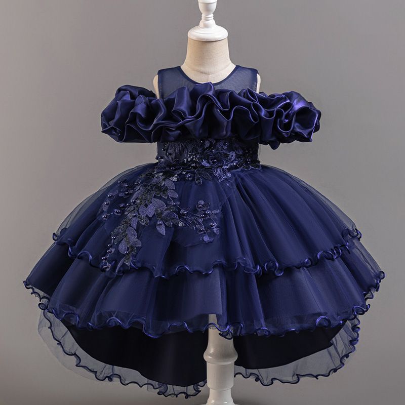 2025 Summer New High-end Girls' Dress One-shoulder Mesh Puffy Skirt Princess Skirt Tail Dress Birthday Party School Christmas Party Wedding Banquet Dress Performance Dress