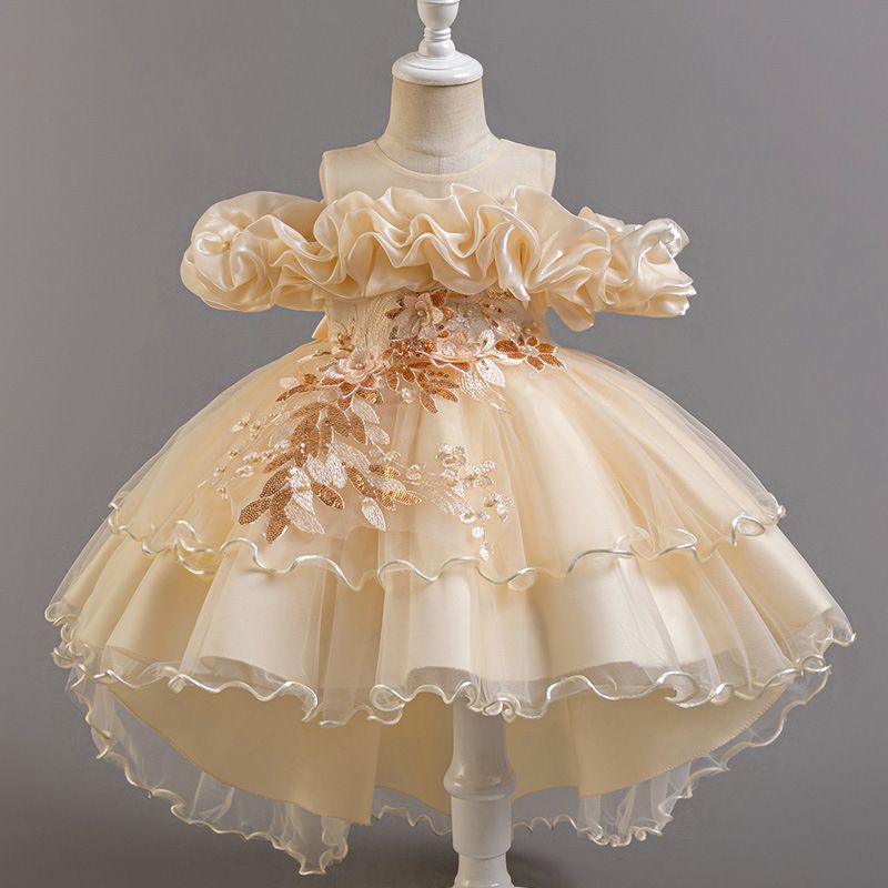 2025 Summer New High-end Girls' Dress One-shoulder Mesh Puffy Skirt Princess Skirt Tail Dress Birthday Party School Christmas Party Wedding Banquet Dress Performance Dress