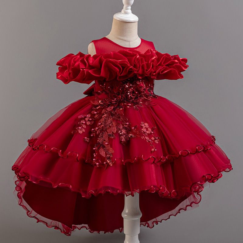 2025 Summer New High-end Girls' Dress One-shoulder Mesh Puffy Skirt Princess Skirt Tail Dress Birthday Party School Christmas Party Wedding Banquet Dress Performance Dress