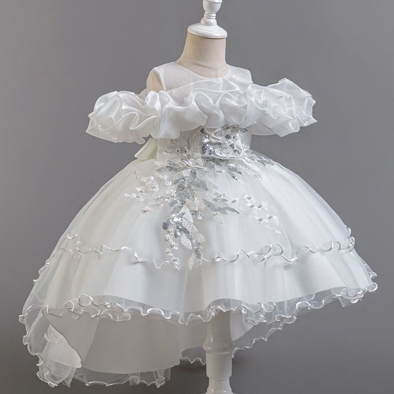 2025 Summer New High-end Girls' Dress One-shoulder Mesh Puffy Skirt Princess Skirt Tail Dress Birthday Party School Christmas Party Wedding Banquet Dress Performance Dress