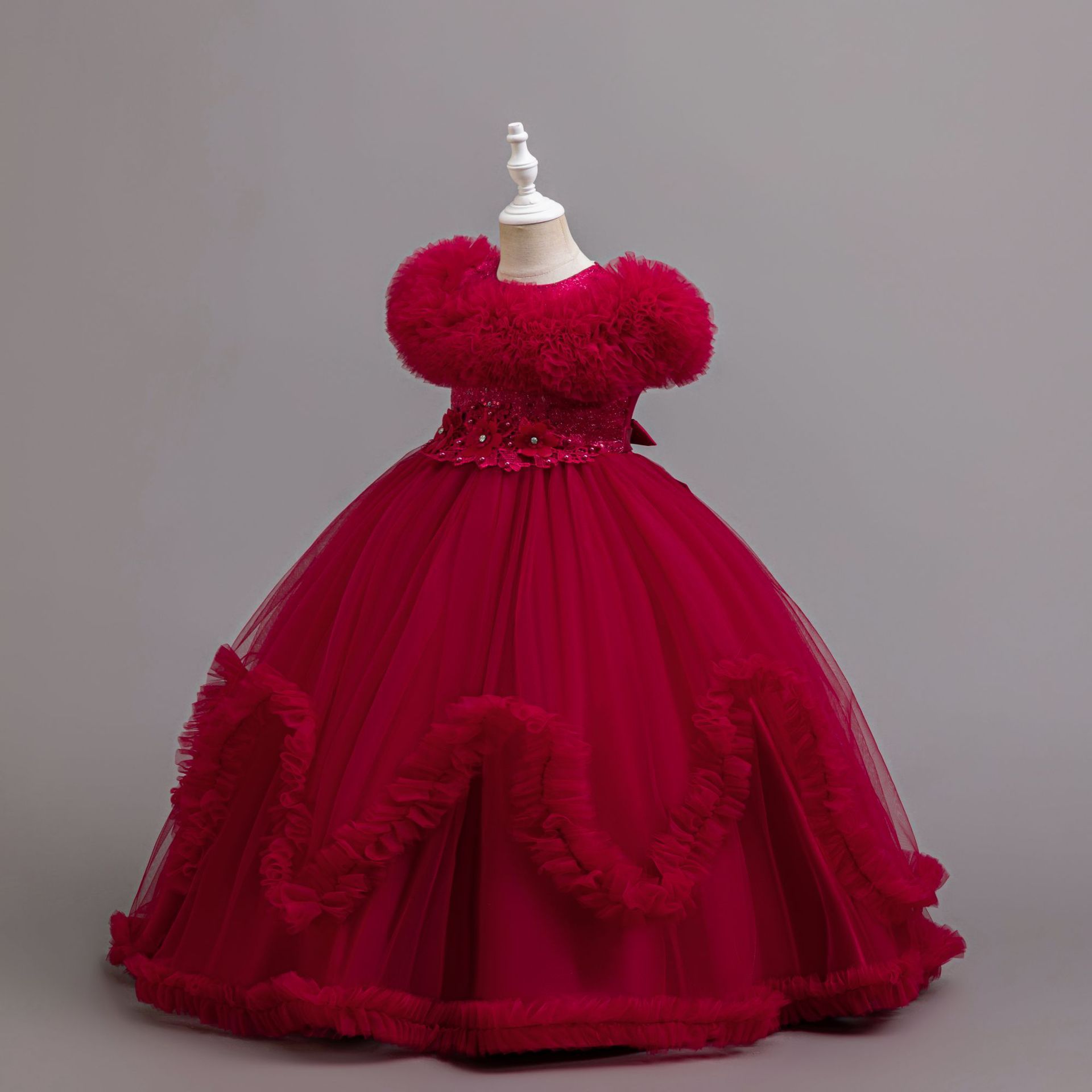 Summer new high-end girl dress fluffy mesh princess dress round neck long dress suitable for birthday party school Christmas party wedding dress performance dress.